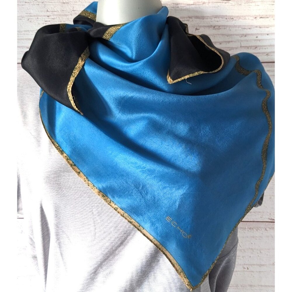 VTG Echo Nordstrom 100% Silk Scarf Blue Black Geometric Hand Rolled 31" FLAW